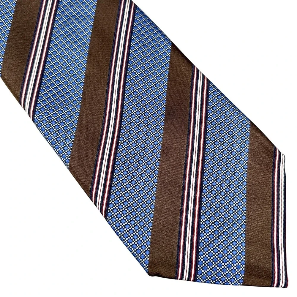 Ermenegildo Zegna Silk Tie‎ Blue Brown Striped Geometric Pattern Italy Classic
